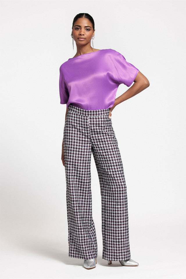 Alex High Waist Tweed Tweed Tweed Trousers - Off White/Purple